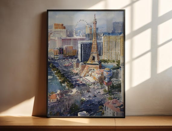 Las Vegas Watercolor Travel Poster, Skyline Art