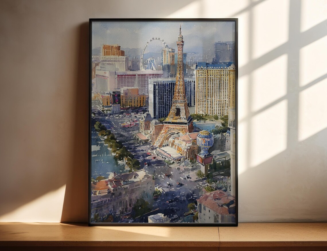 Las Vegas Watercolor Travel Poster, Skyline Art