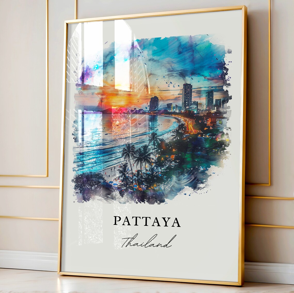 Pattaya Thailand Beach Sunset Watercolor Cityscape Skyline Poster - Image 4