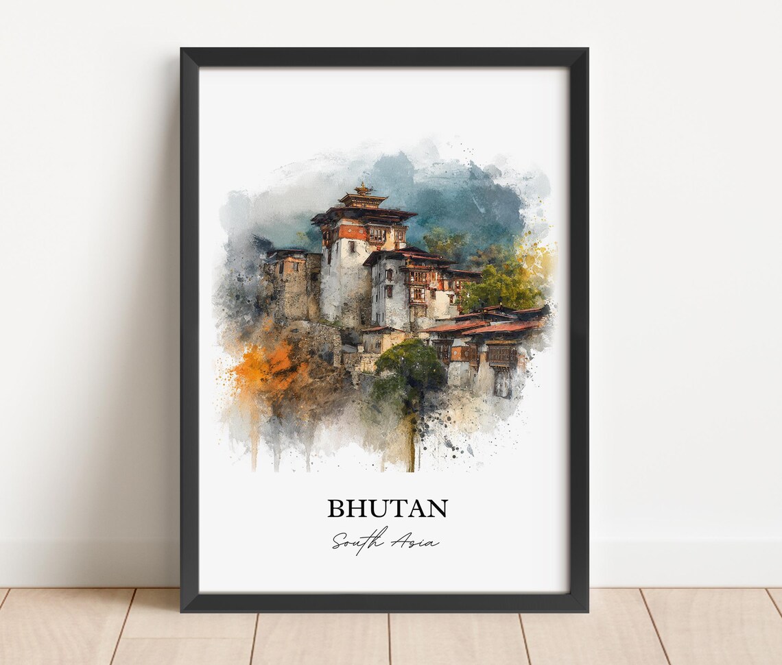 Bhutan South Asia Dzong Fortress Monastery Watercolor Travel Poster - Image 2
