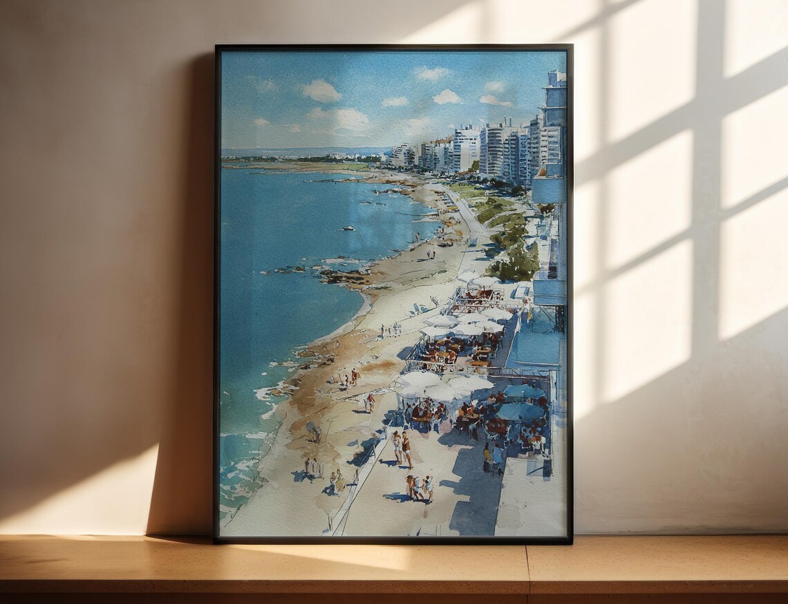 Punta del Este Uruguay Beach Watercolor Coastal Surf Travel Art Poster