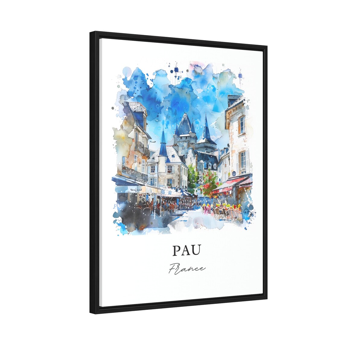 Pau France Watercolor Chateau Towers Street Cafe Scene Old Town Poster - Image 2
