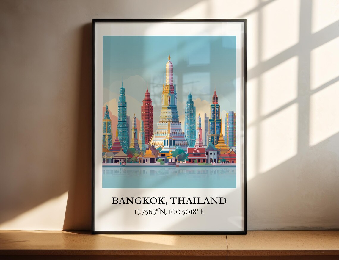 Bangkok Thailand Skyline Temple Skyscrapers Reflection Travel Poster
