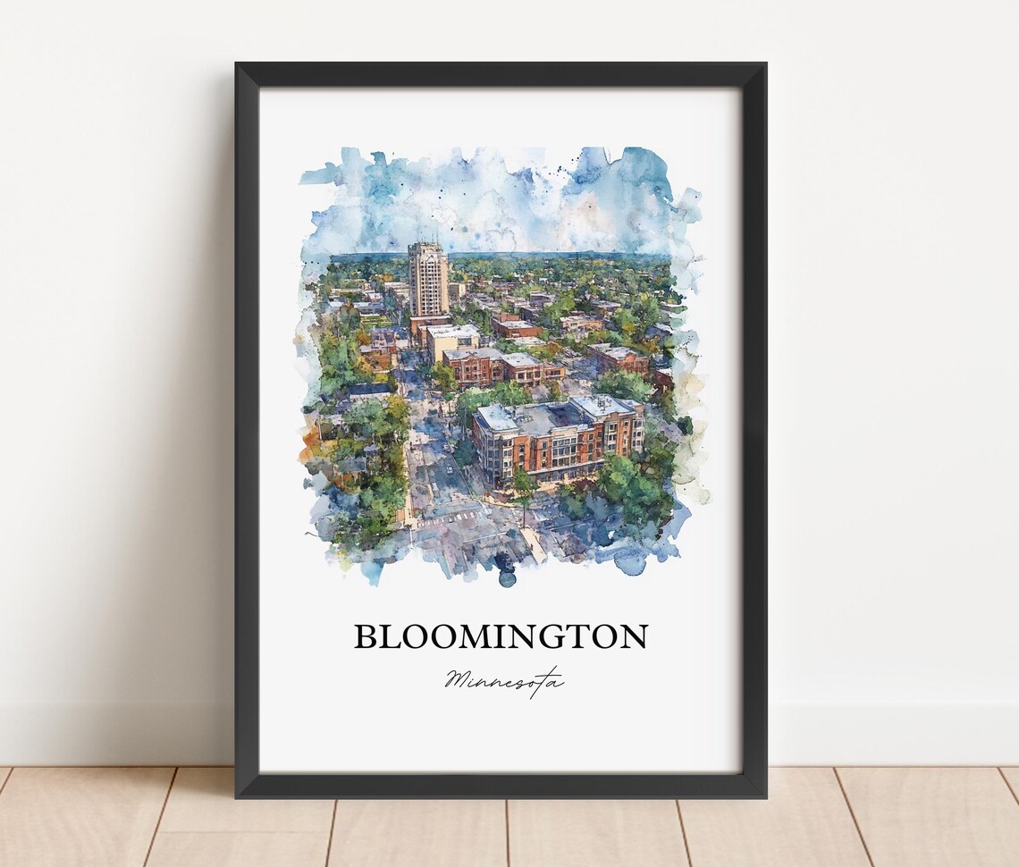 Bloomington Minnesota Leafy Downtown Aerial Watercolor Art Poster