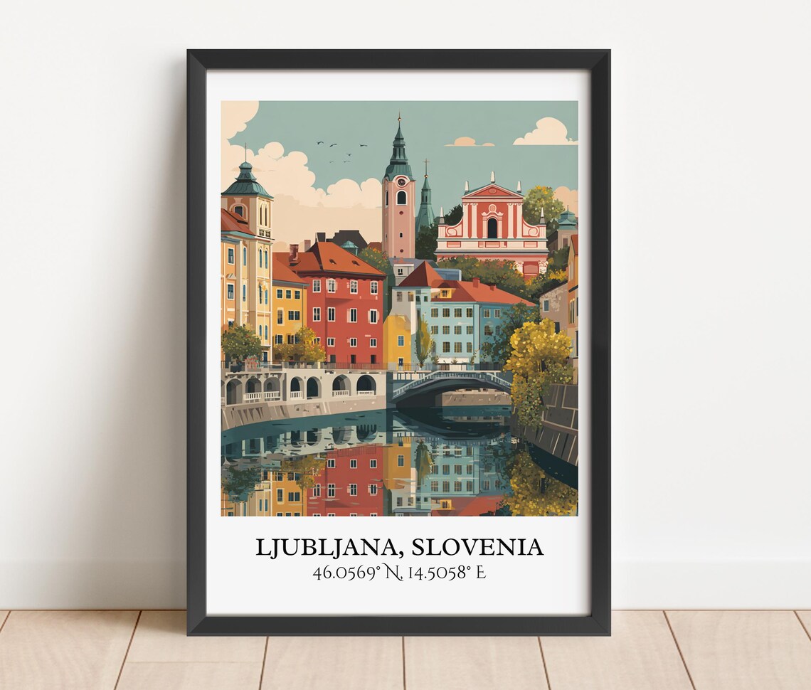 Ljubljana Slovenia River Bridges Old Town Retro Travel Poster - Image 3