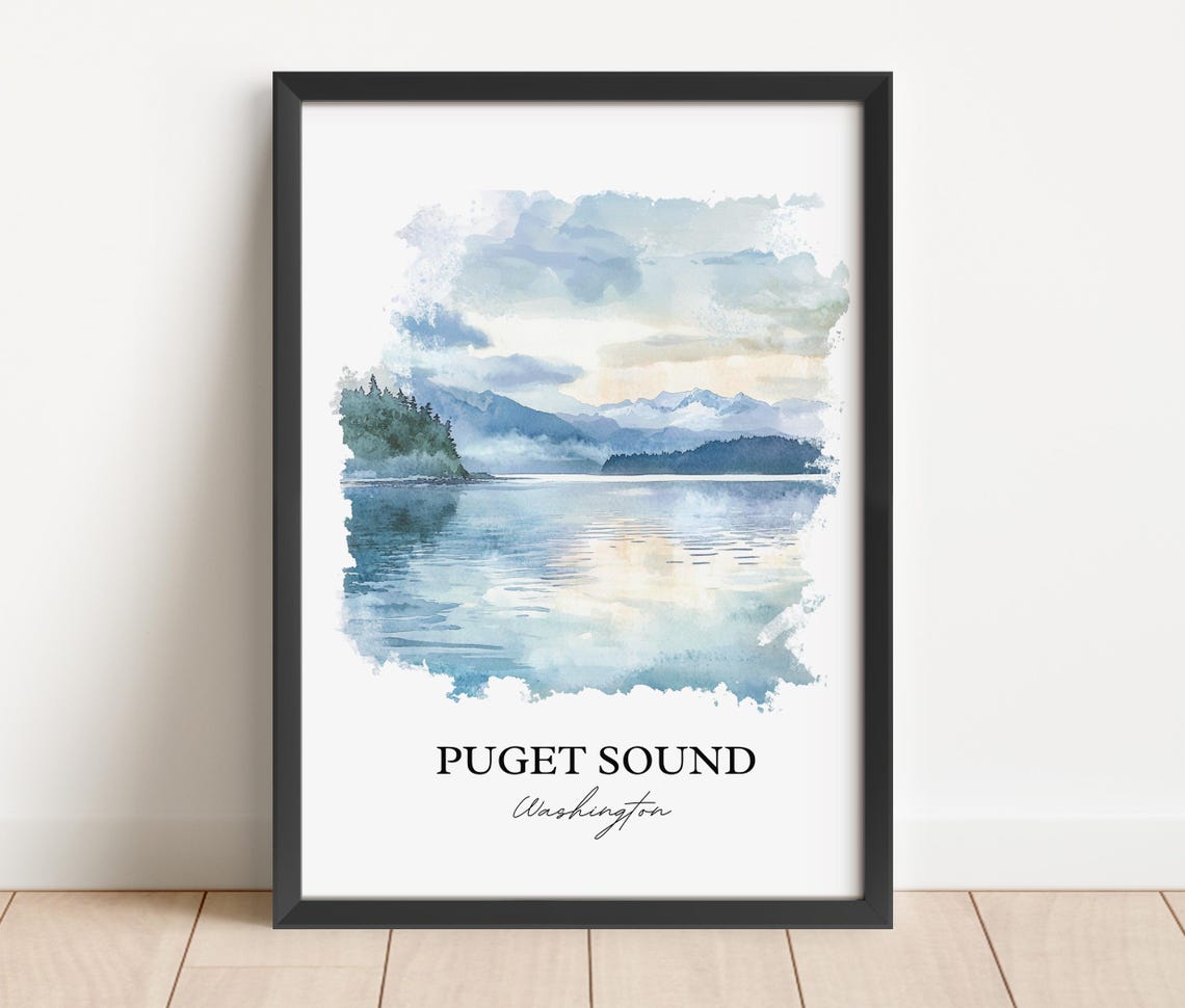 Puget Sound Washington Misty Waterfront Islands Watercolor Poster - Image 2