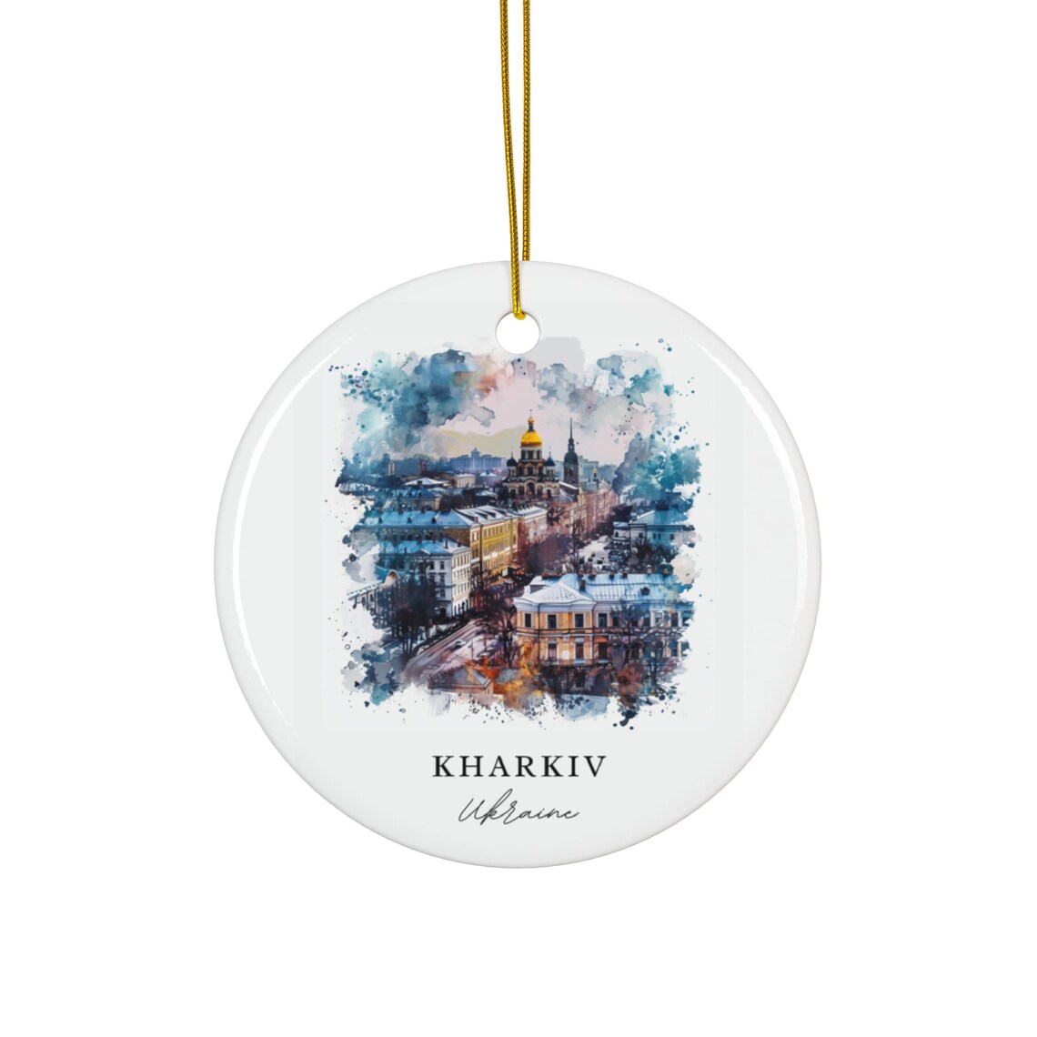 Kharkiv Ukraine Watercolor Old Town Cathedral Skyline Travel Poster