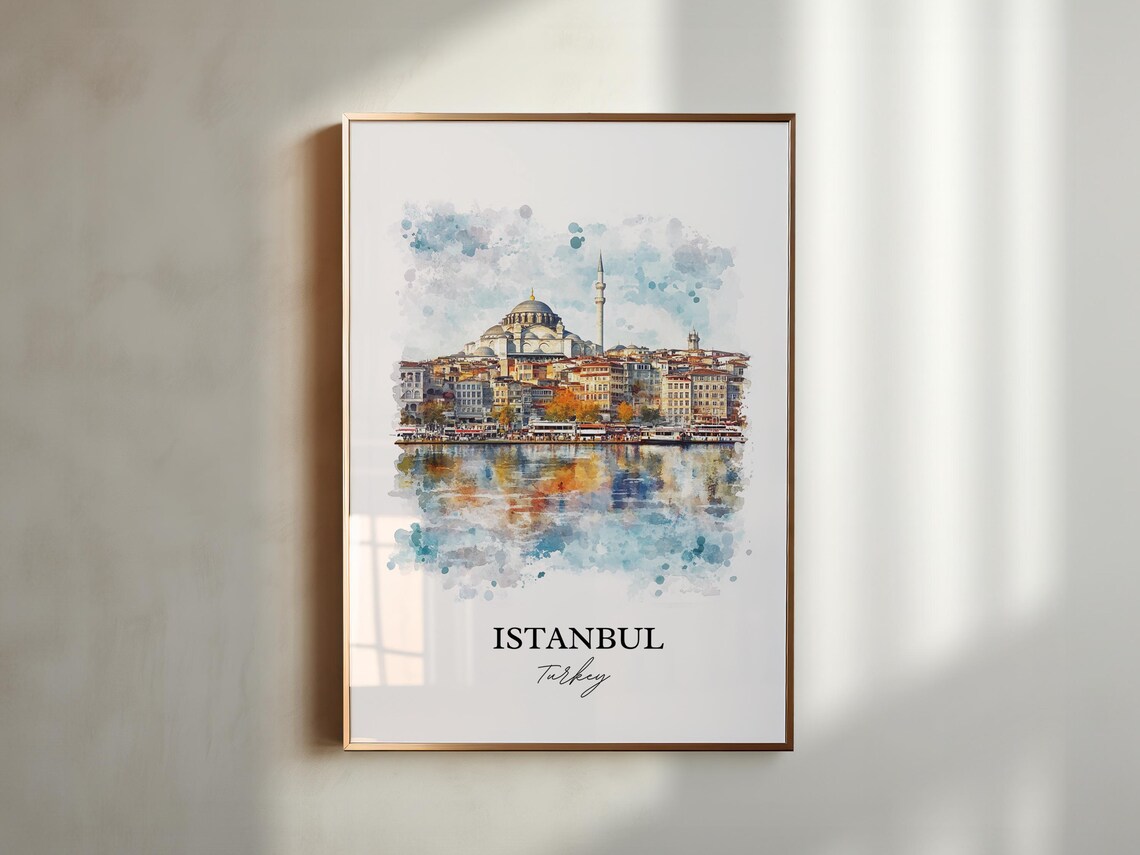 Istanbul Turkey Domed Mosque Waterfront Watercolor Travel Poster - Image 2