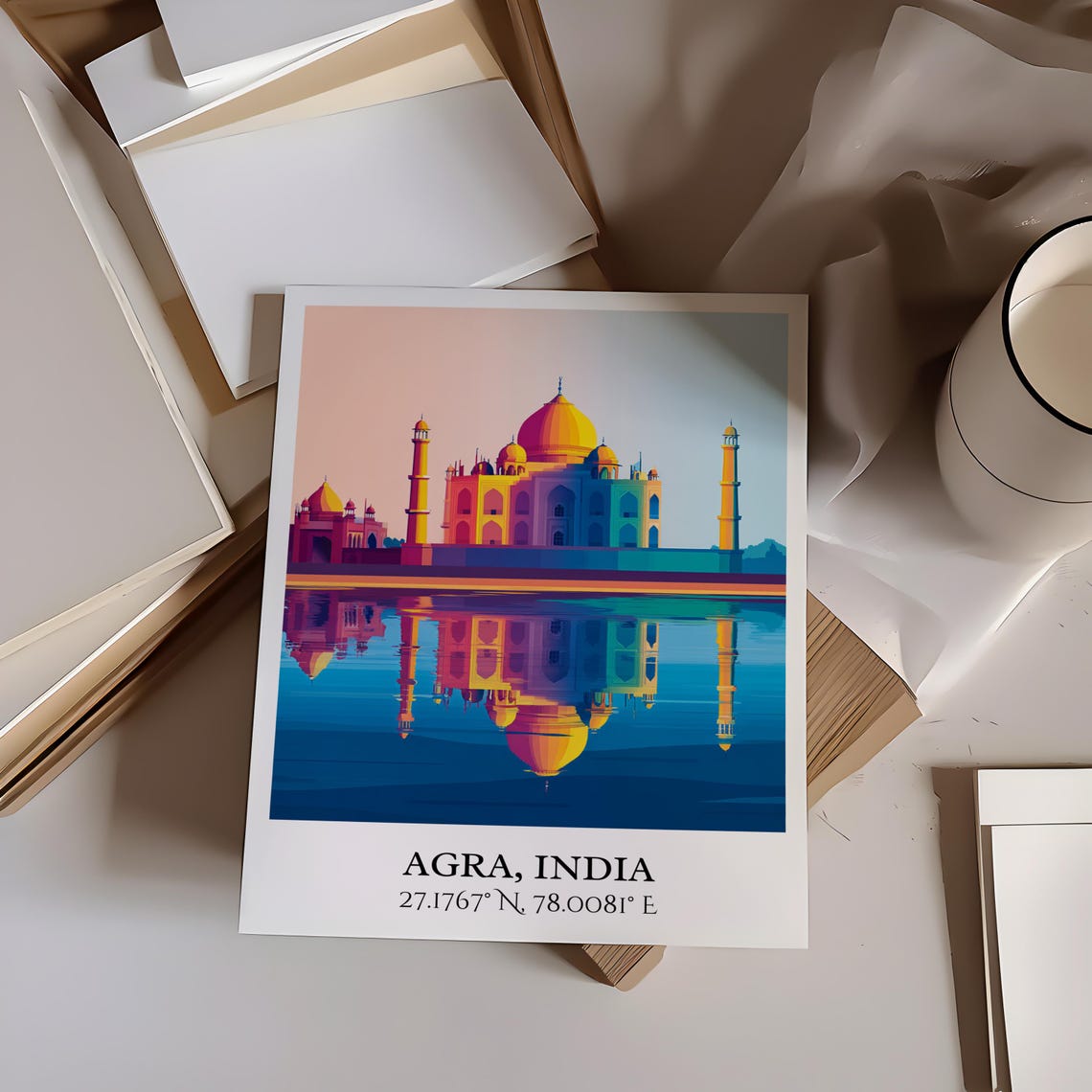 Agra India Taj Mahal Reflection Retro Travel Coordinates Art Poster - Image 5