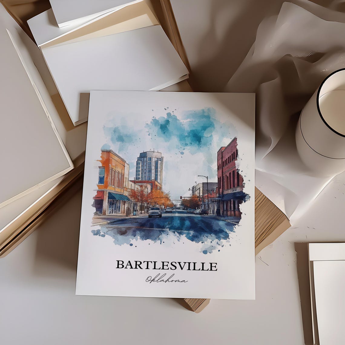 Bartlesville Oklahoma Watercolor Downtown Street Scene Poster - Image 3