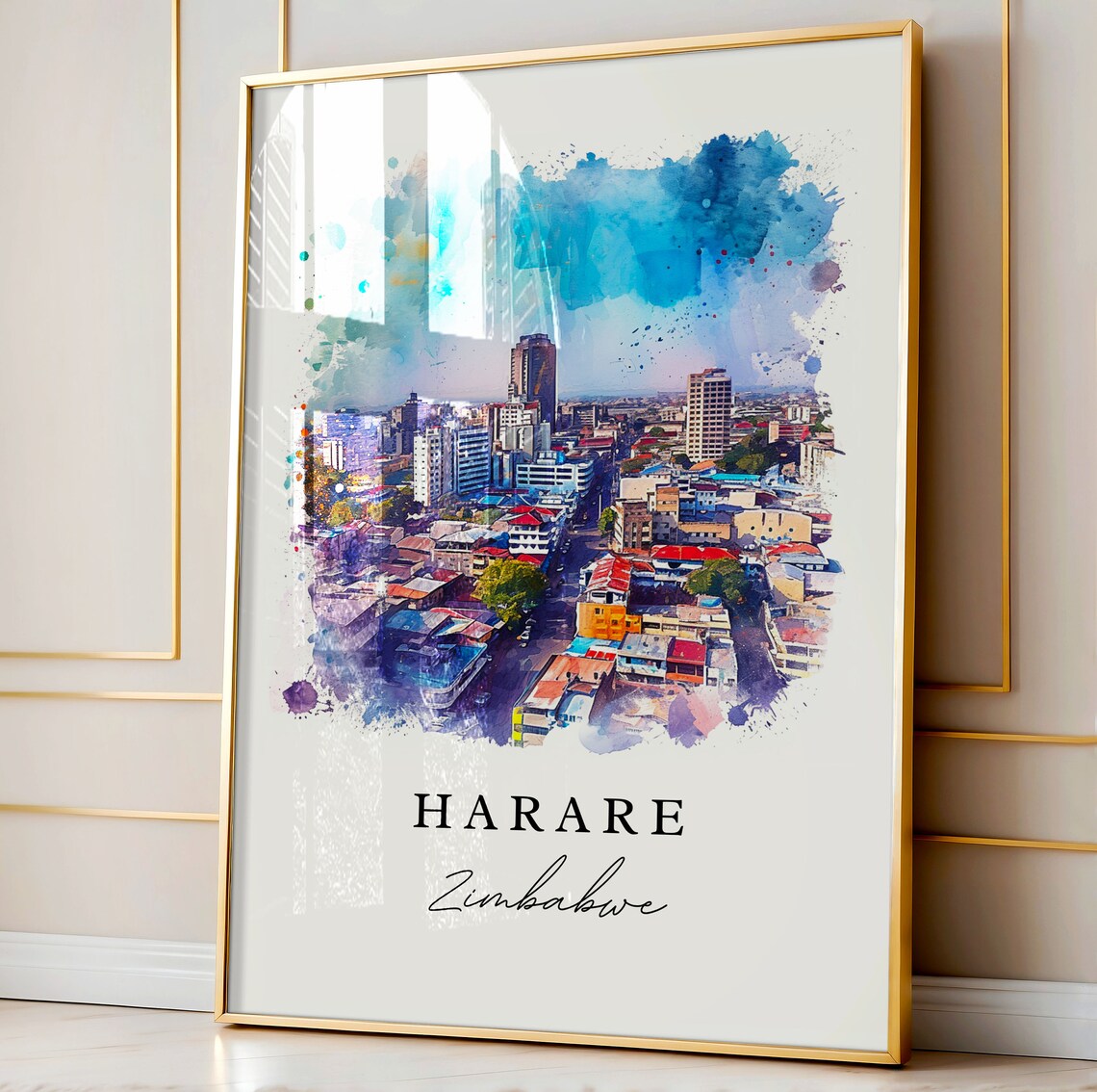 Harare Zimbabwe Watercolor City Skyline Modern Travel Poster - Image 5