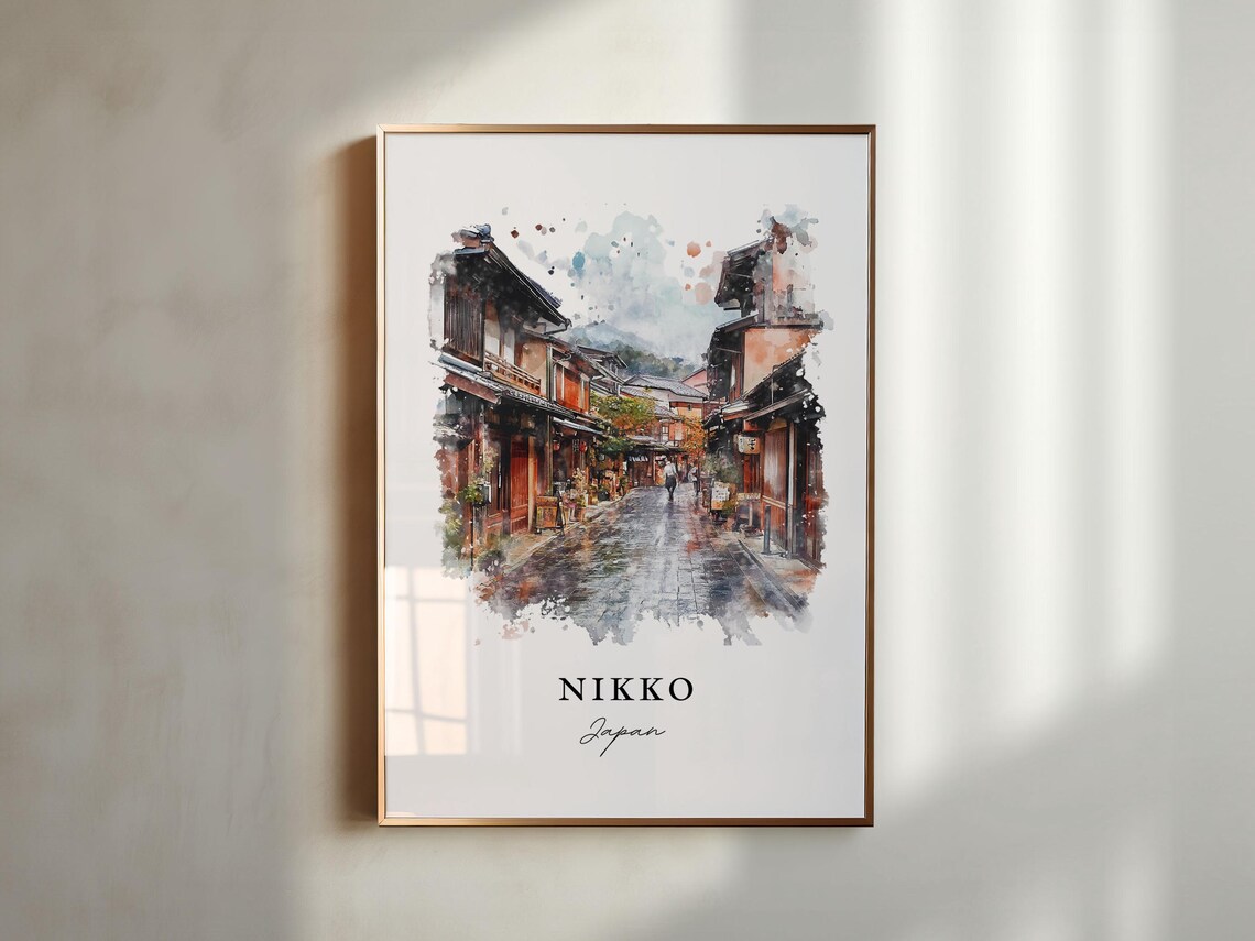 Nikko Japan Watercolor Art Historic Wooden Street Autumn Poster - Image 3