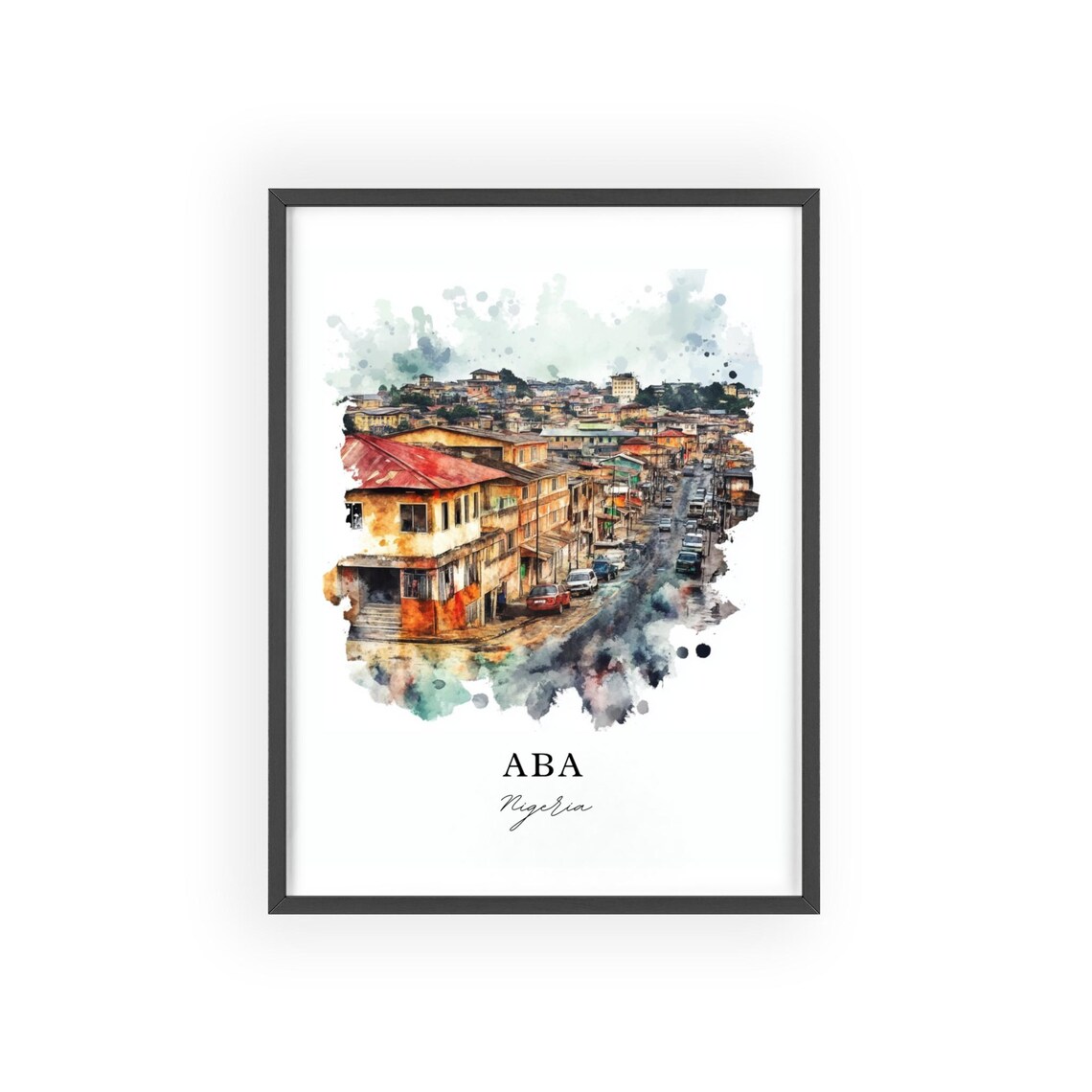 Aba Nigeria Busy Market Street Watercolor Scene Travel Art Poster