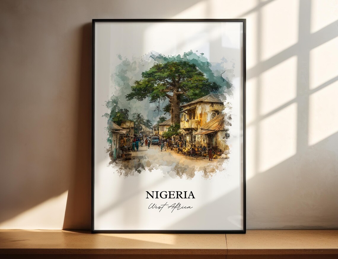 Nigeria West Africa Watercolor Village Market Big Tree Poster