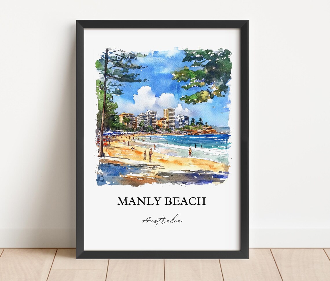 Manly Beach Australia Surf Sand Norfolk Pines Watercolor Travel Poster