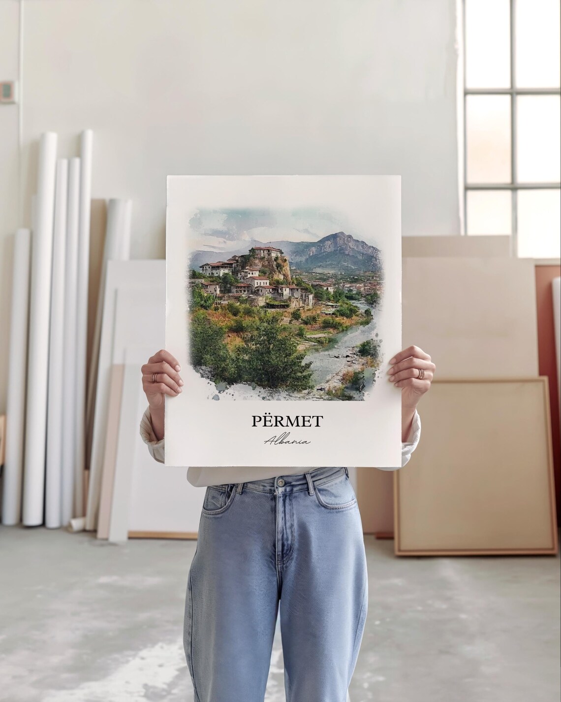Permet Albania Hilltop Old Town Watercolor Skyline Travel Art Poster - Image 3