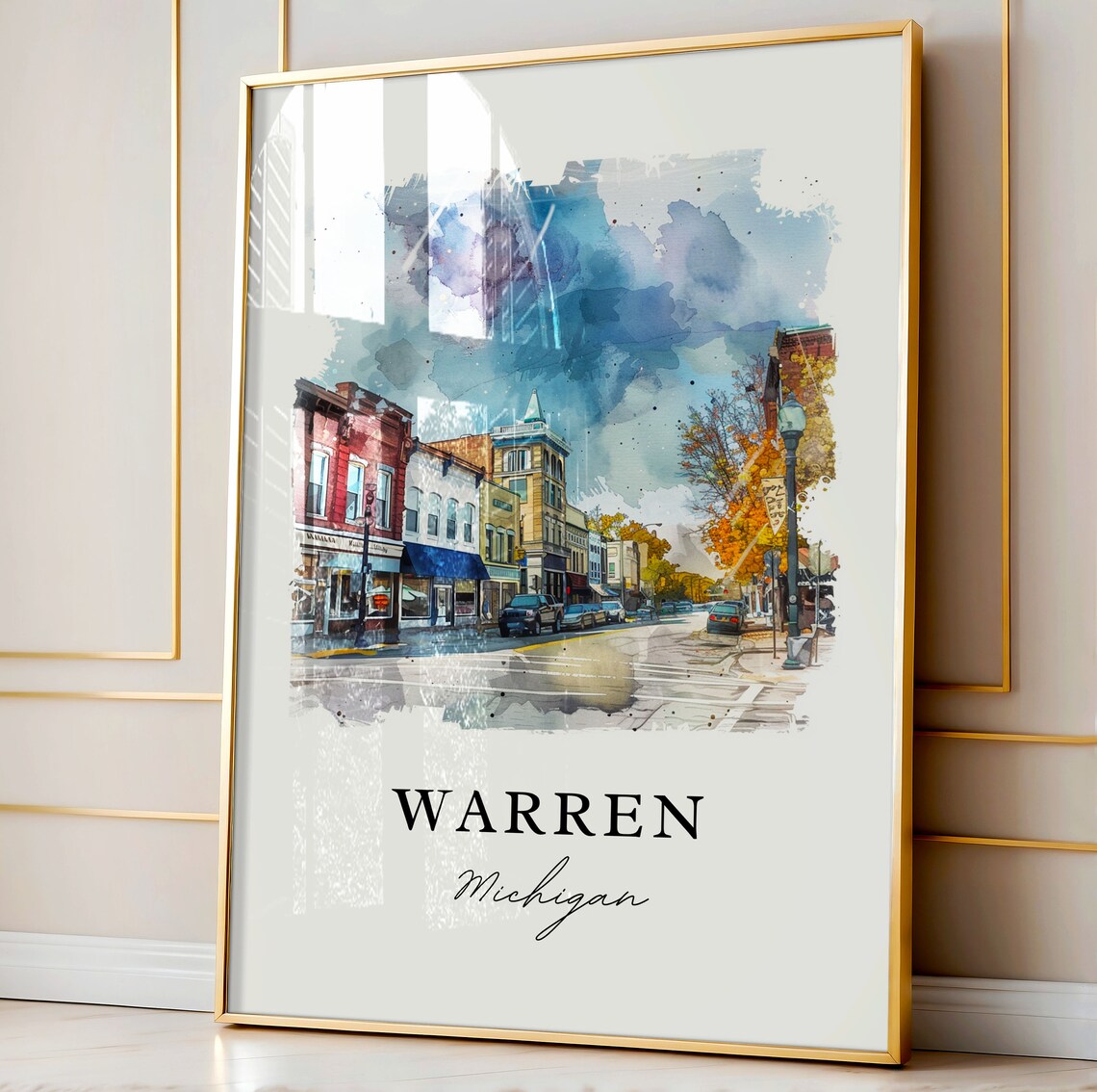 Warren Michigan Watercolor Downtown Street Autumn Trees Poster - Image 3