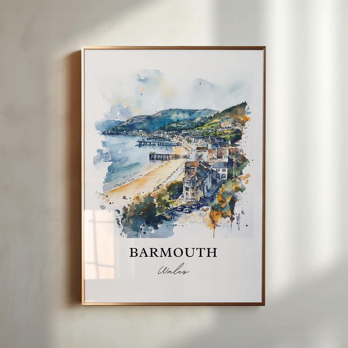 Barmouth Wales Watercolor Seaside Beach Piers Quaint Town Poster