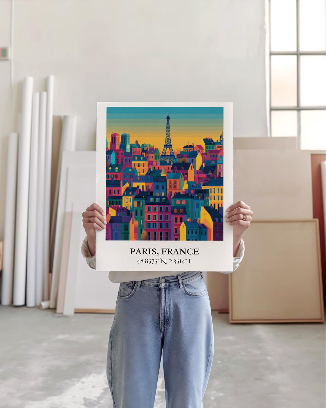 Paris France Eiffel Tower Colorful Rooftops Retro Travel Art Poster - Image 3