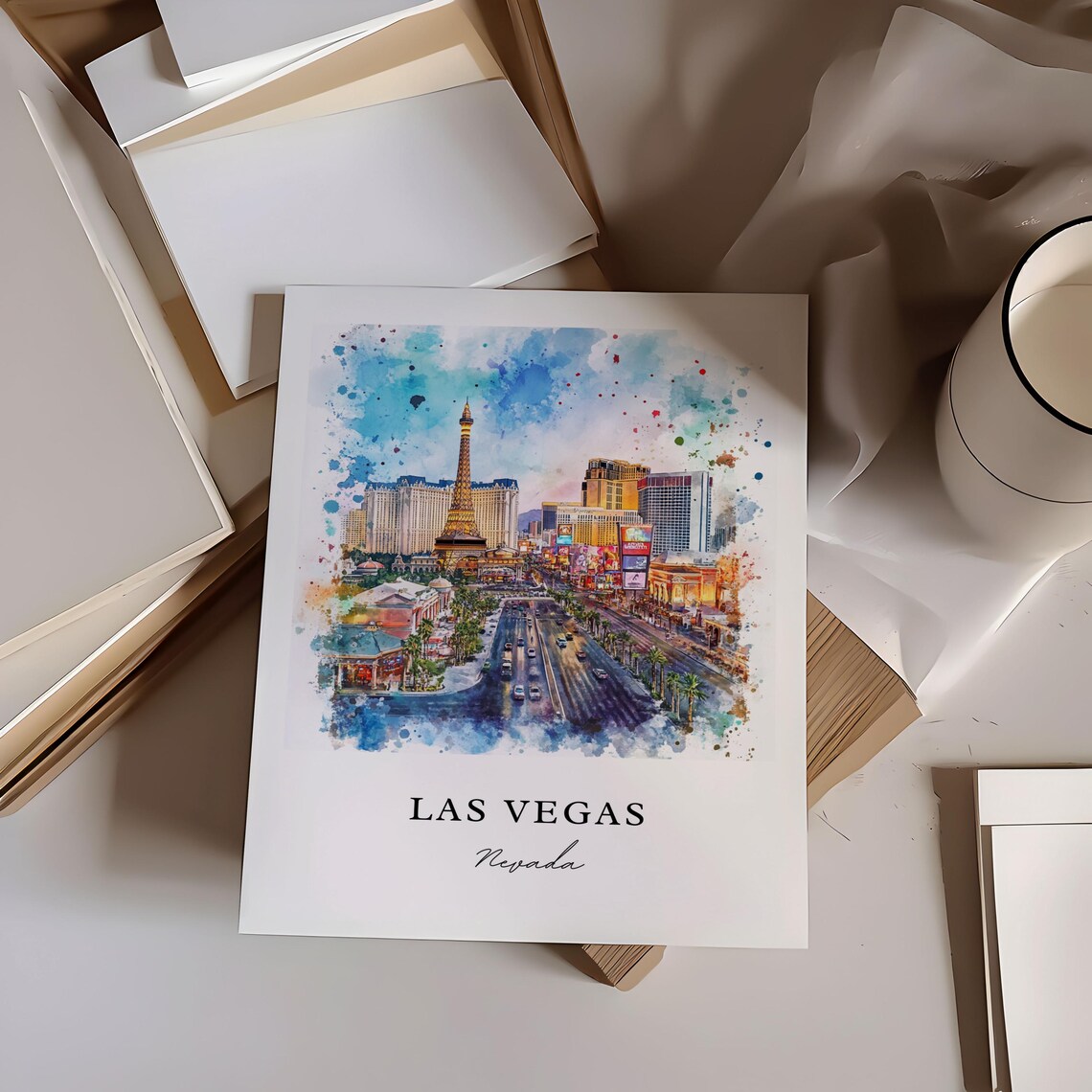 Las Vegas Nevada Strip Eiffel Tower Casino Skyline Watercolor Poster - Image 4