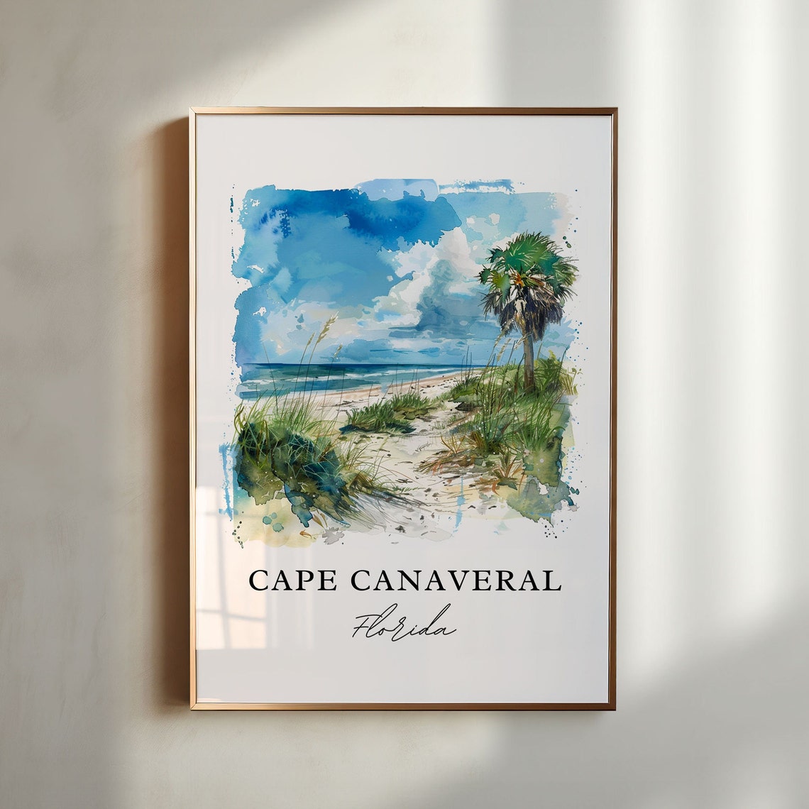 Cape Canaveral Florida Watercolor Palm Tree Beach Shoreline Print