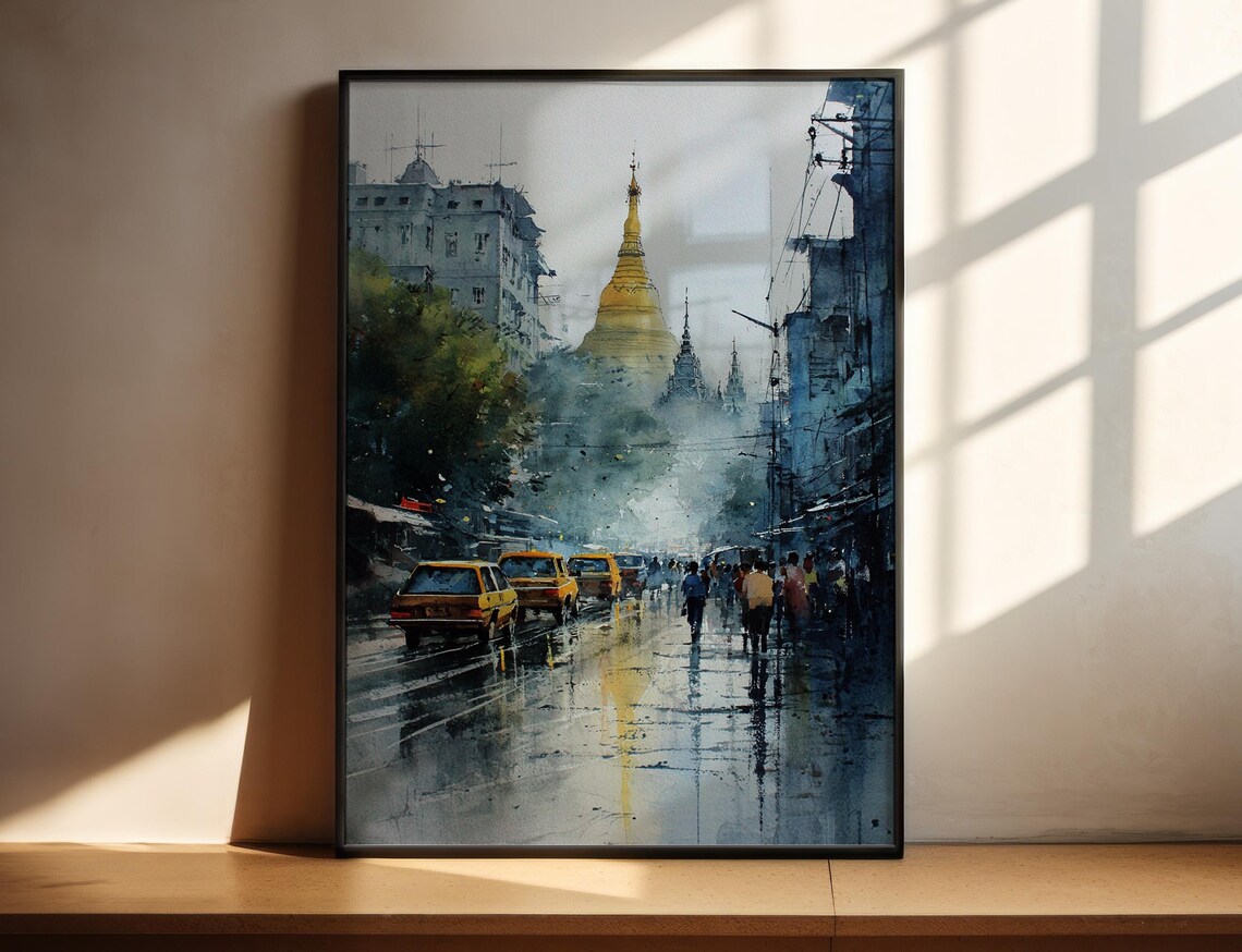Yangon Myanmar Rainy Street Scene Golden Pagoda Watercolor Print