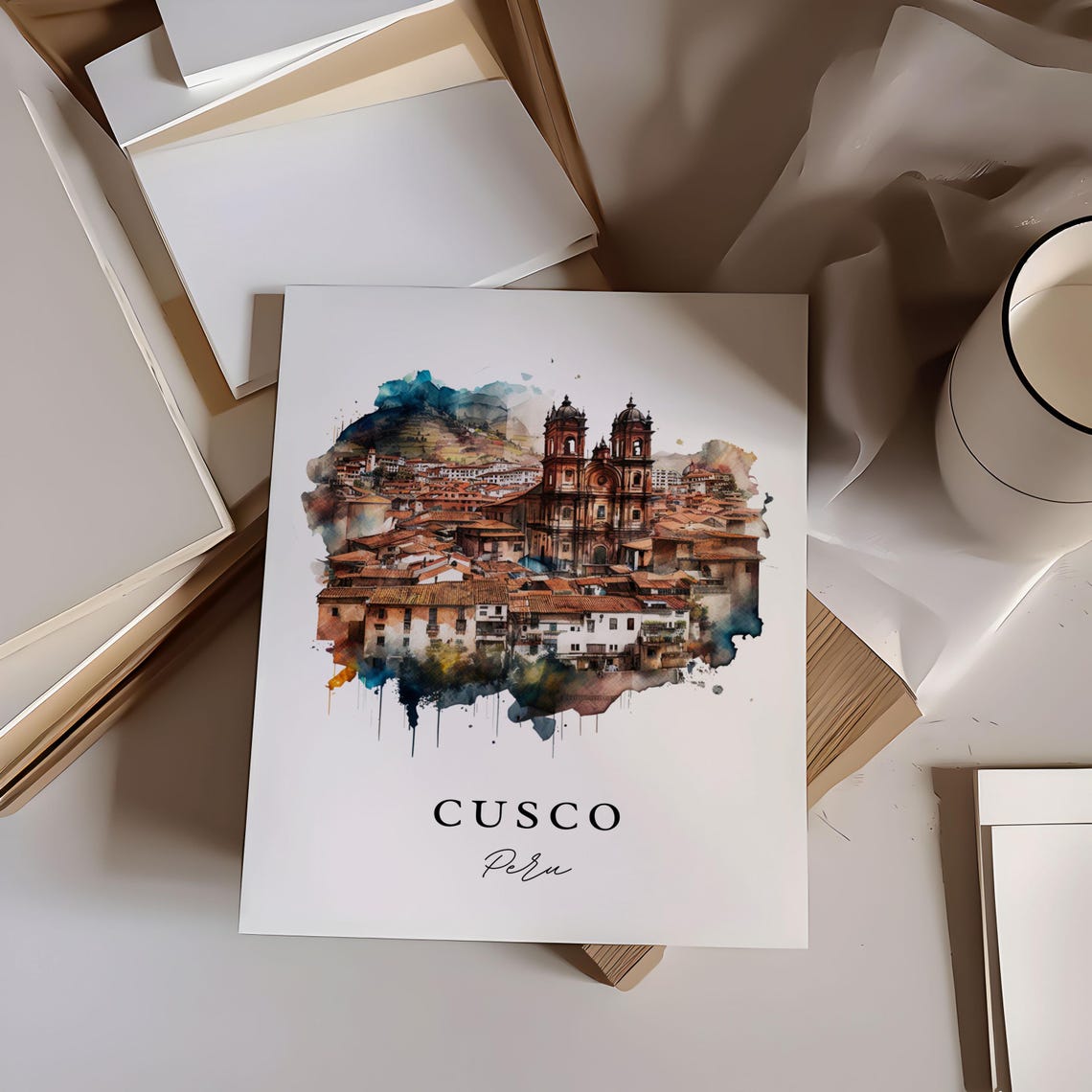 Cusco Peru Historic Old Town Twin Church Towers Watercolor Poster - Image 6