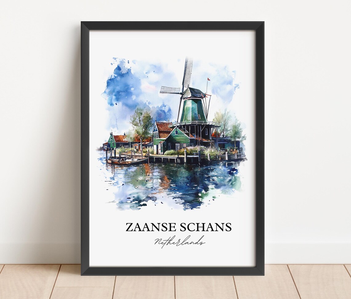 Zaanse Schans Netherlands Watercolor Windmill Canal Scene Poster - Image 4