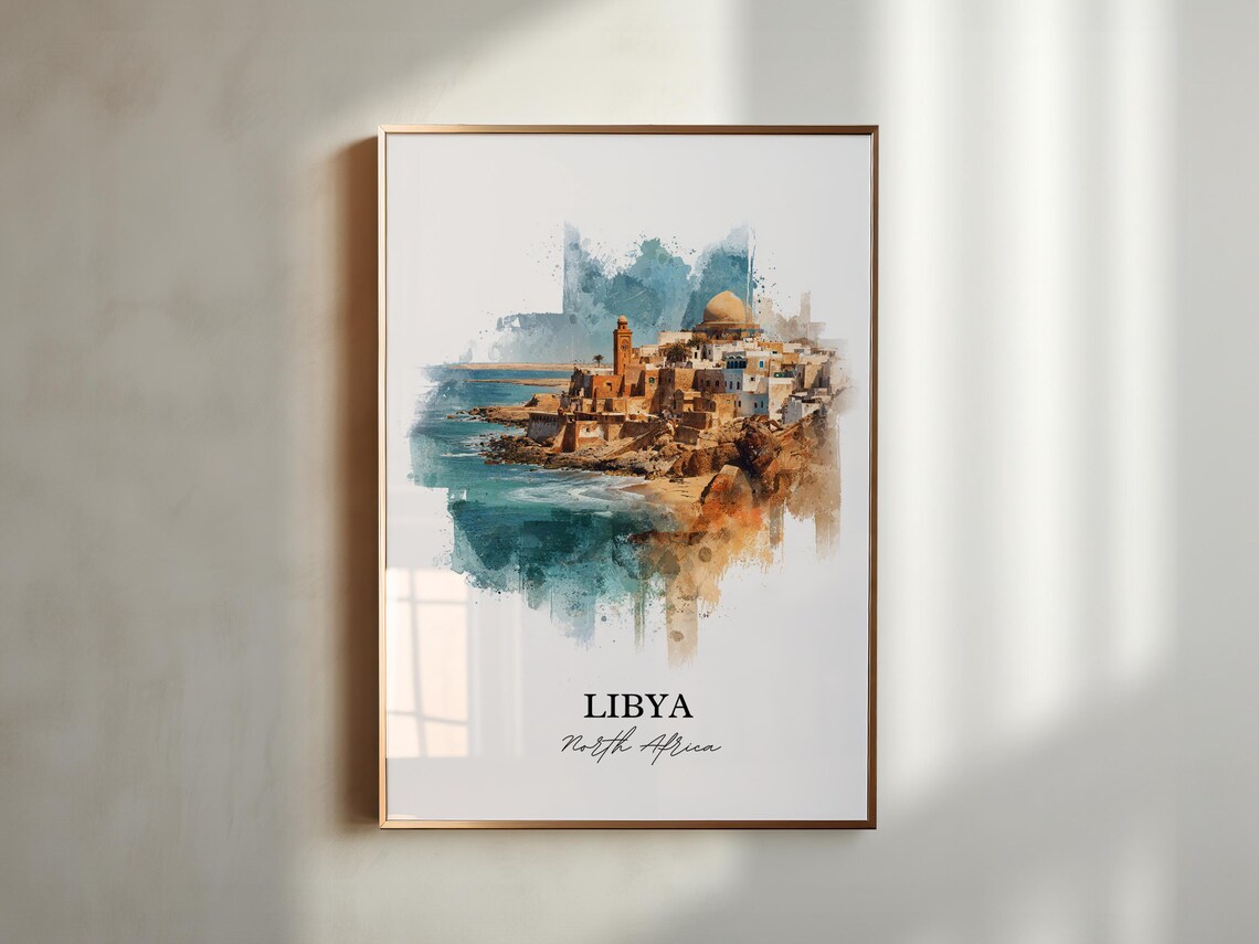 Libya North Africa Coastal Medina Mosque Watercolor Travel Poster - Image 6