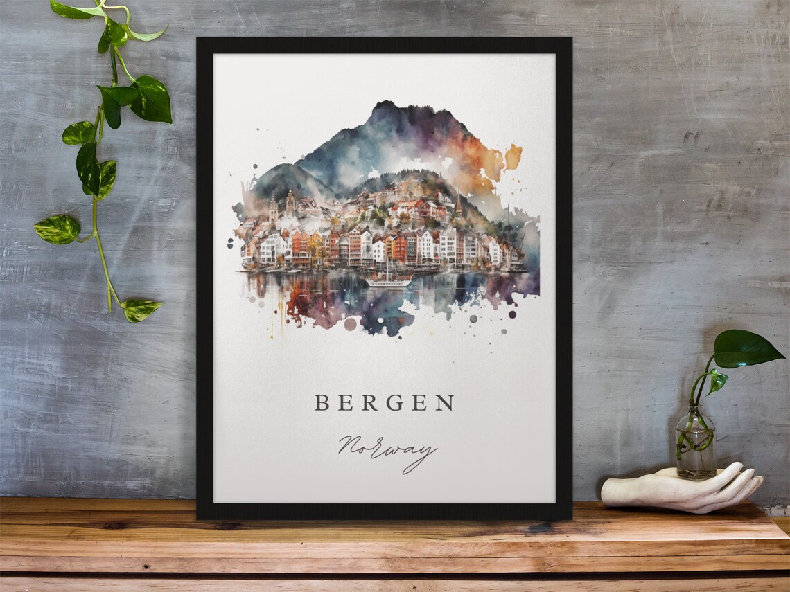 Bergen Norway Watercolor Harbor Mountain City Fjord View Poster - Image 3