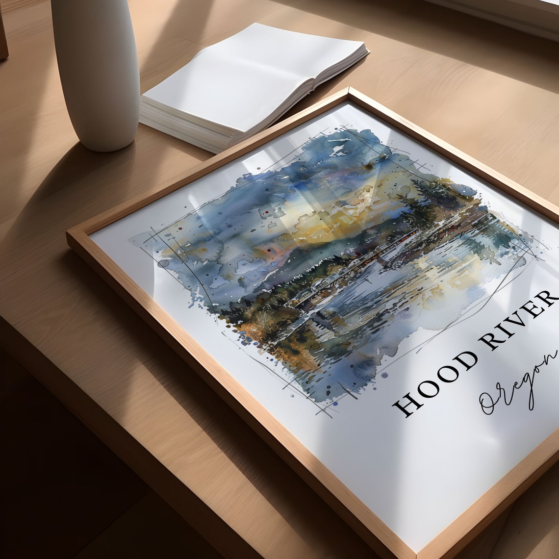 Hood River Oregon Watercolor Sunset Bridge Mountain View Poster - Image 5