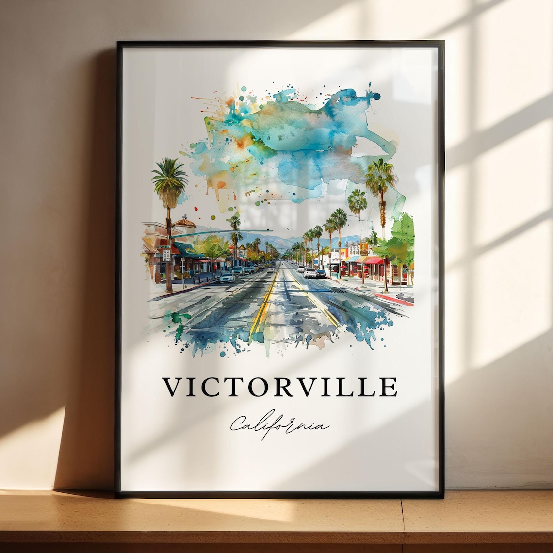 Victorville California Watercolor Main Street Palm Trees Poster - Image 4