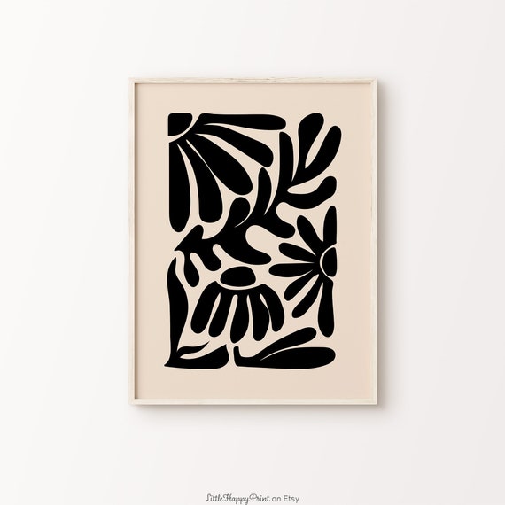 Black Beige Abstract Floral Print Neutral Bold Flowers Leaves Modern Scandinavian Japandi Home Decor Wall Art Instant Download