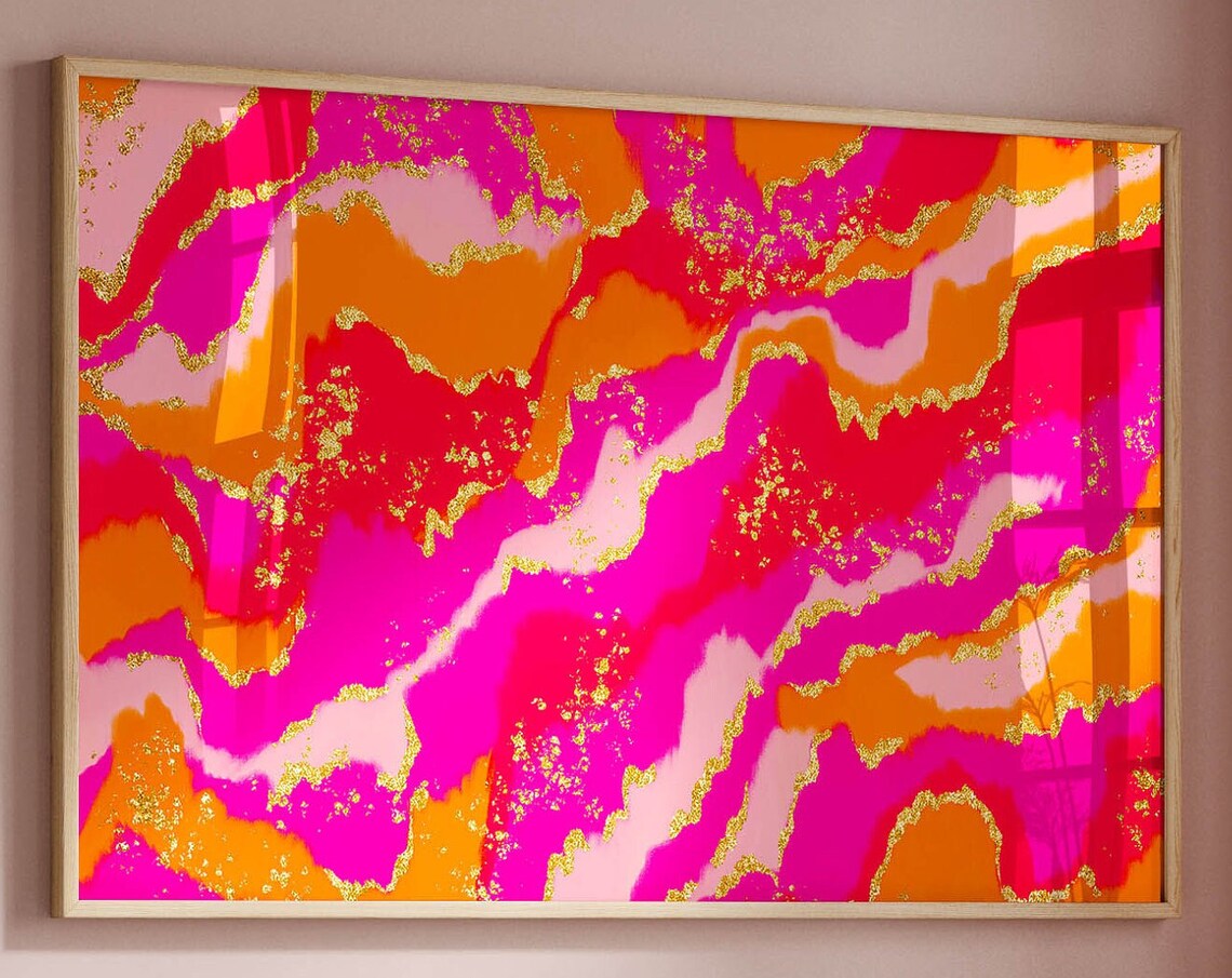 Pink Orange Abstract Painting, Preppy Room Decor Art Print