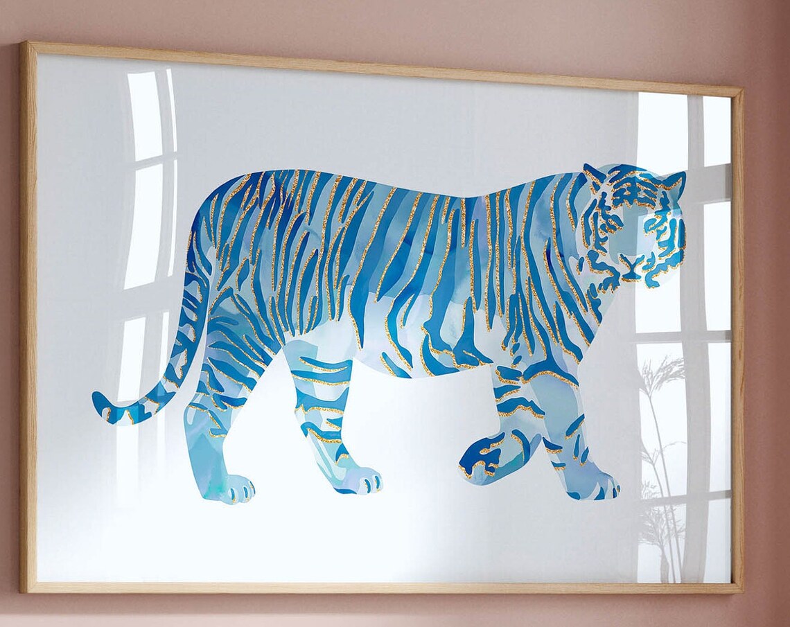 Tiger Painting Blue Animal Art Print, Preppy Decor