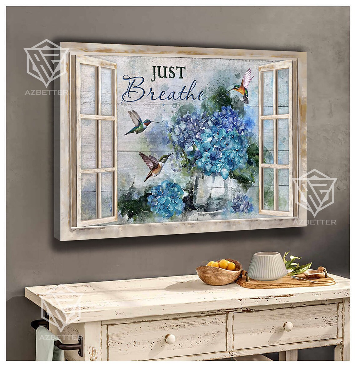 Just Breathe Rustic Window With Blue Hydrangeas And Hummingbirds Poster - Image 2