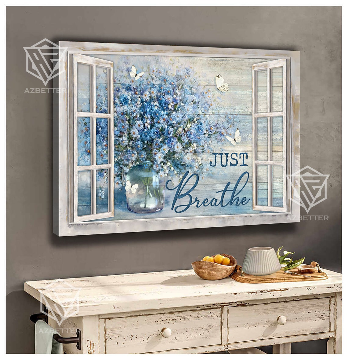 Just Breathe Rustic Window With Blue Daisy Vase And Butterflies Poster - Image 4
