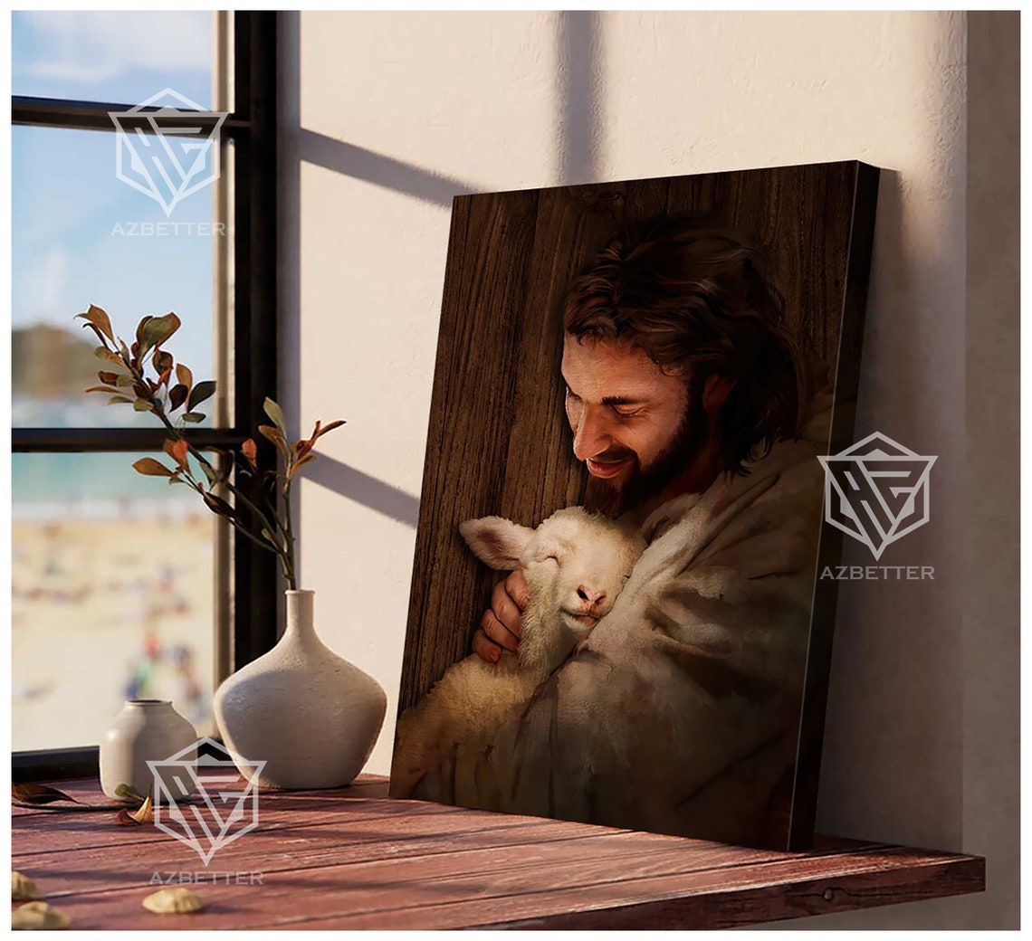 Jesus Tenderly Holding a Lamb Good Shepherd Warm Painting Poster - Image 3
