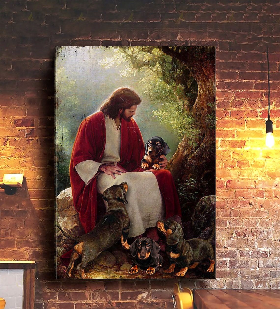 Jesus Resting With Dachshund Puppies Beneath Tree Faith Art Poster