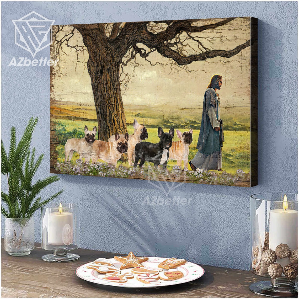 Jesus Walking with Five French Bulldogs Across a Sunny Meadow Poster - Image 4