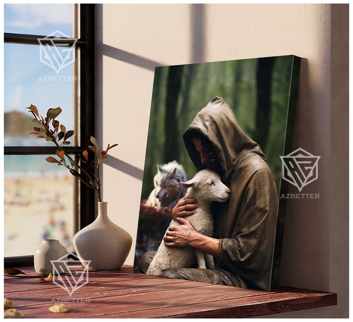 Hooded Jesus Tenderly Holding the Lamb Wolf Behind Faith Poster - Image 4
