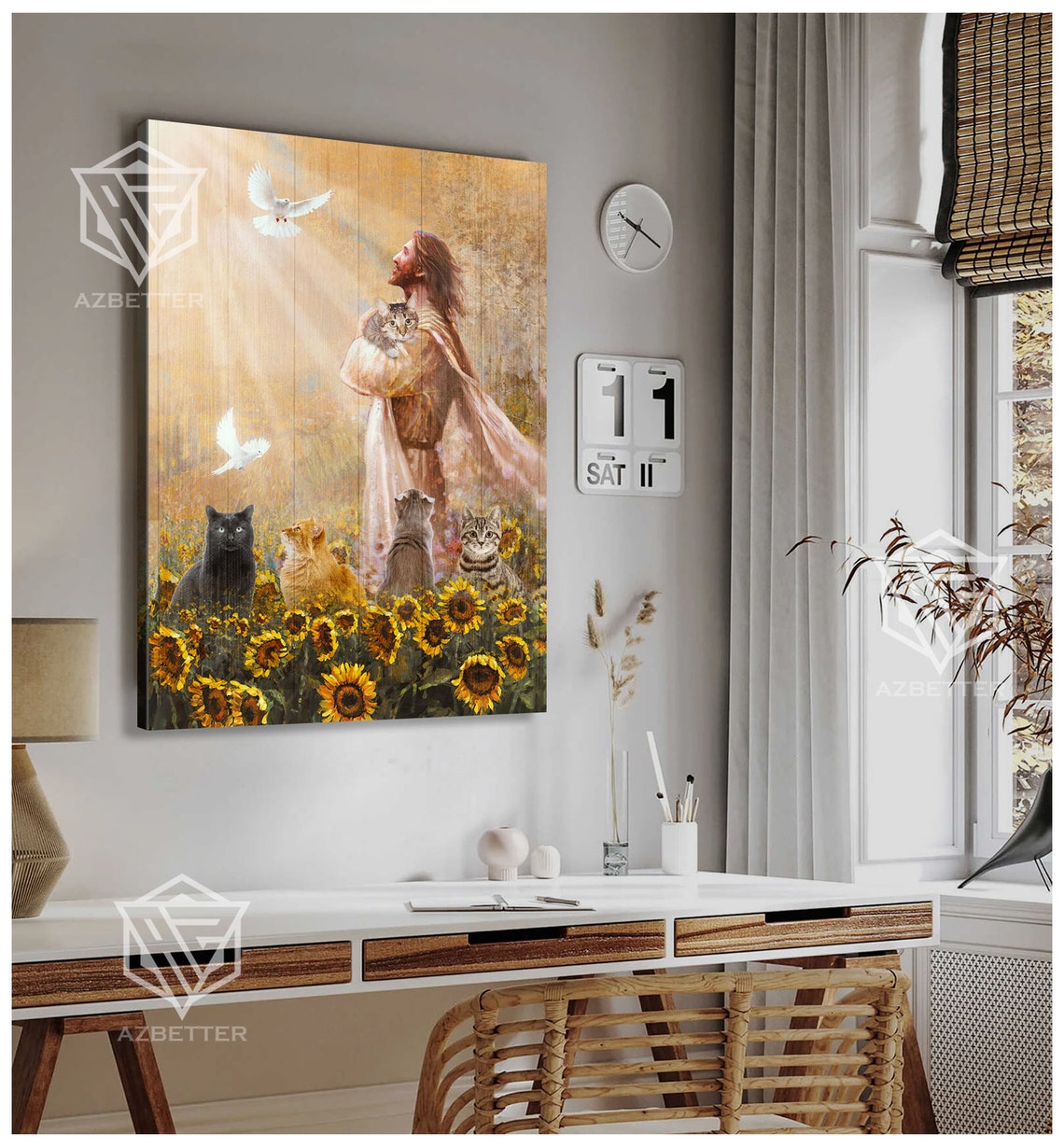 Jesus Holding Kitten In Sunflower Field With Cats And Doves Poster - Image 5