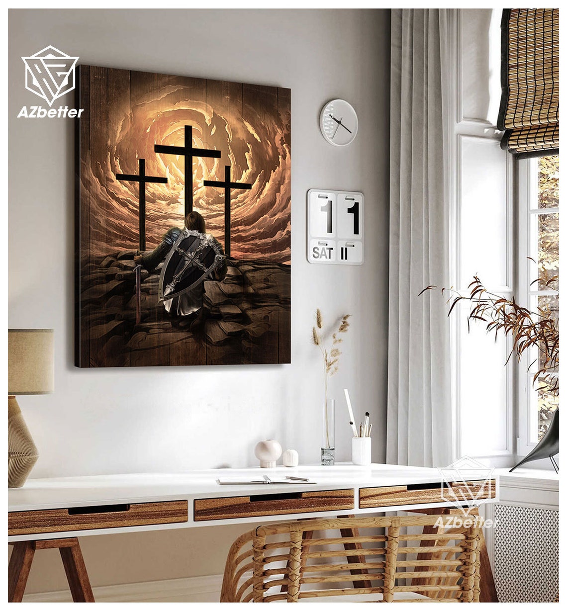 Knight Kneeling Before Three Crosses Heavenly Light Old Rugged Poster - Image 5