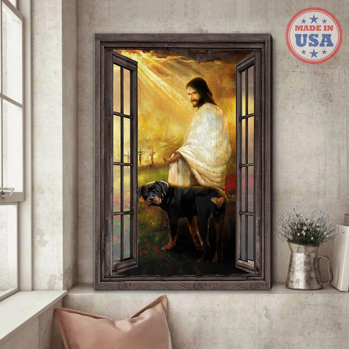 Jesus with a Rottweiler in a Golden Heavenly Window Scene Poster