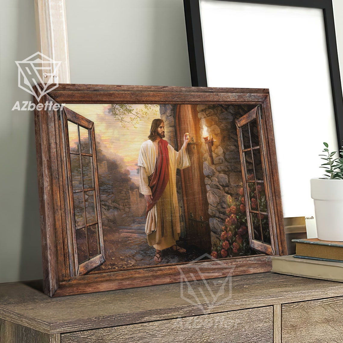 Jesus Knocking At The Door Open Window Sunset Scene Art Poster - Image 4