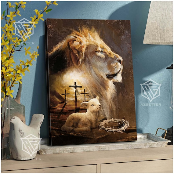 Lion and Lamb of God with Crown of Thorns Three Crosses Christian Poster