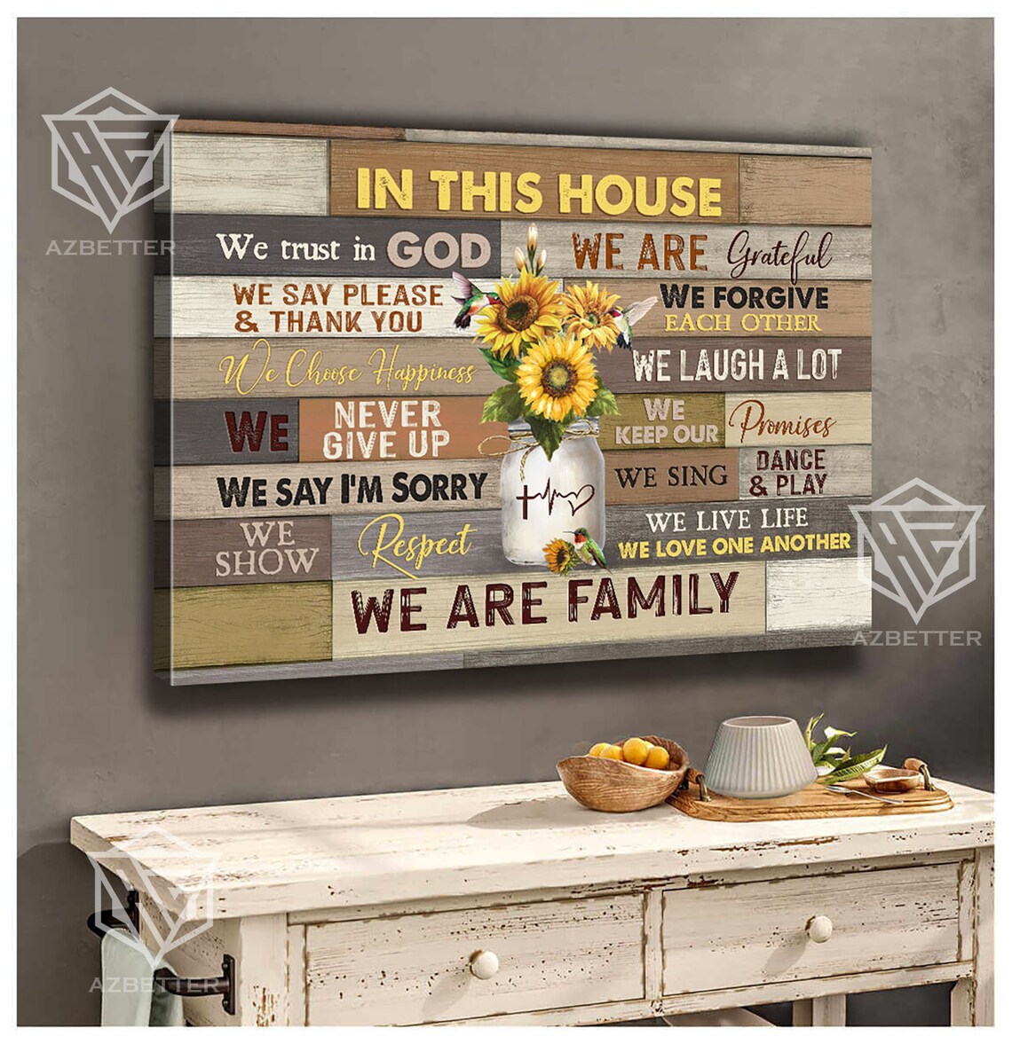 In This House We Trust In God Sunflower Family Rules Wooden Poster - Image 2