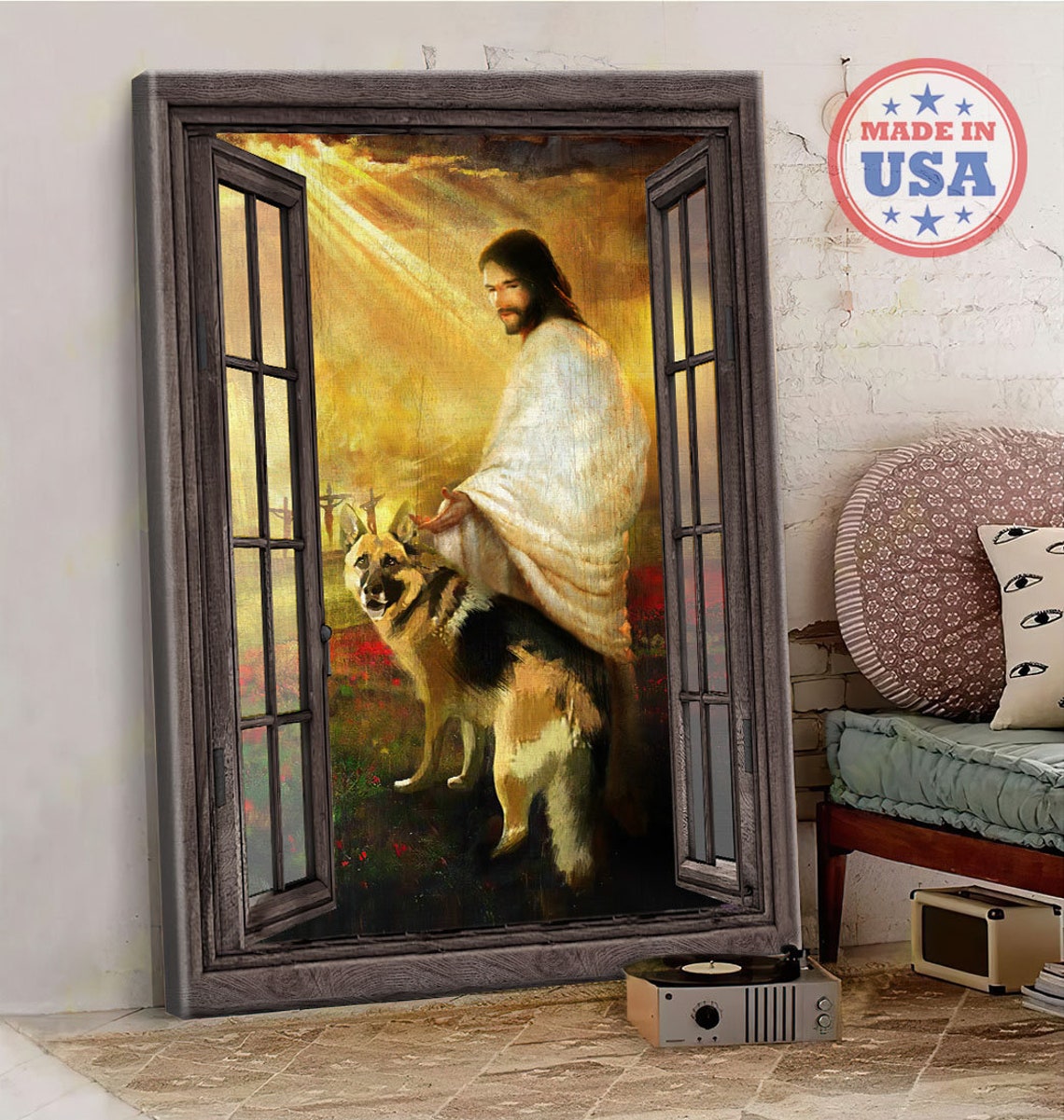 Jesus Christ Walking with German Shepherd through Open Window Poster - Image 4