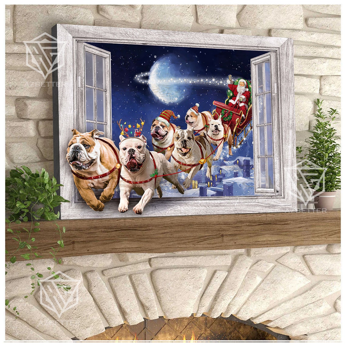Bulldogs Pulling Santas Sleigh Through Christmas Window View Poster - Image 4