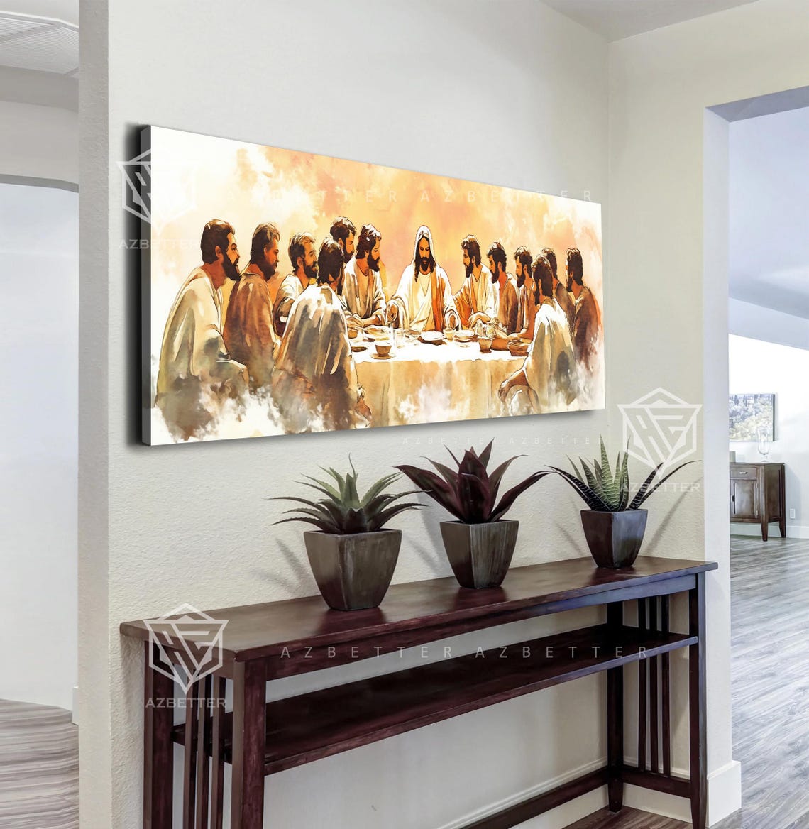 The Last Supper Jesus And Apostles Golden Watercolor Canvas Poster - Image 3